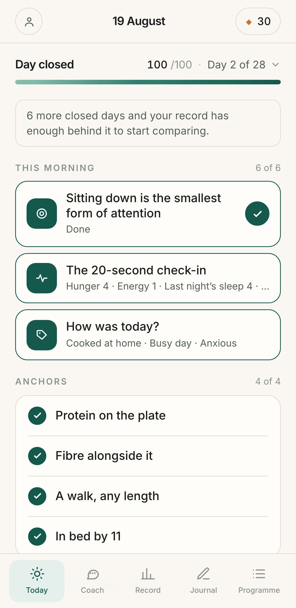 The MonthDays member home: score ring, today's action, and daily anchors